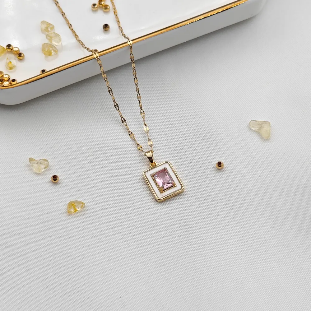 Stainless Steel Pembe Taşlı Kolye